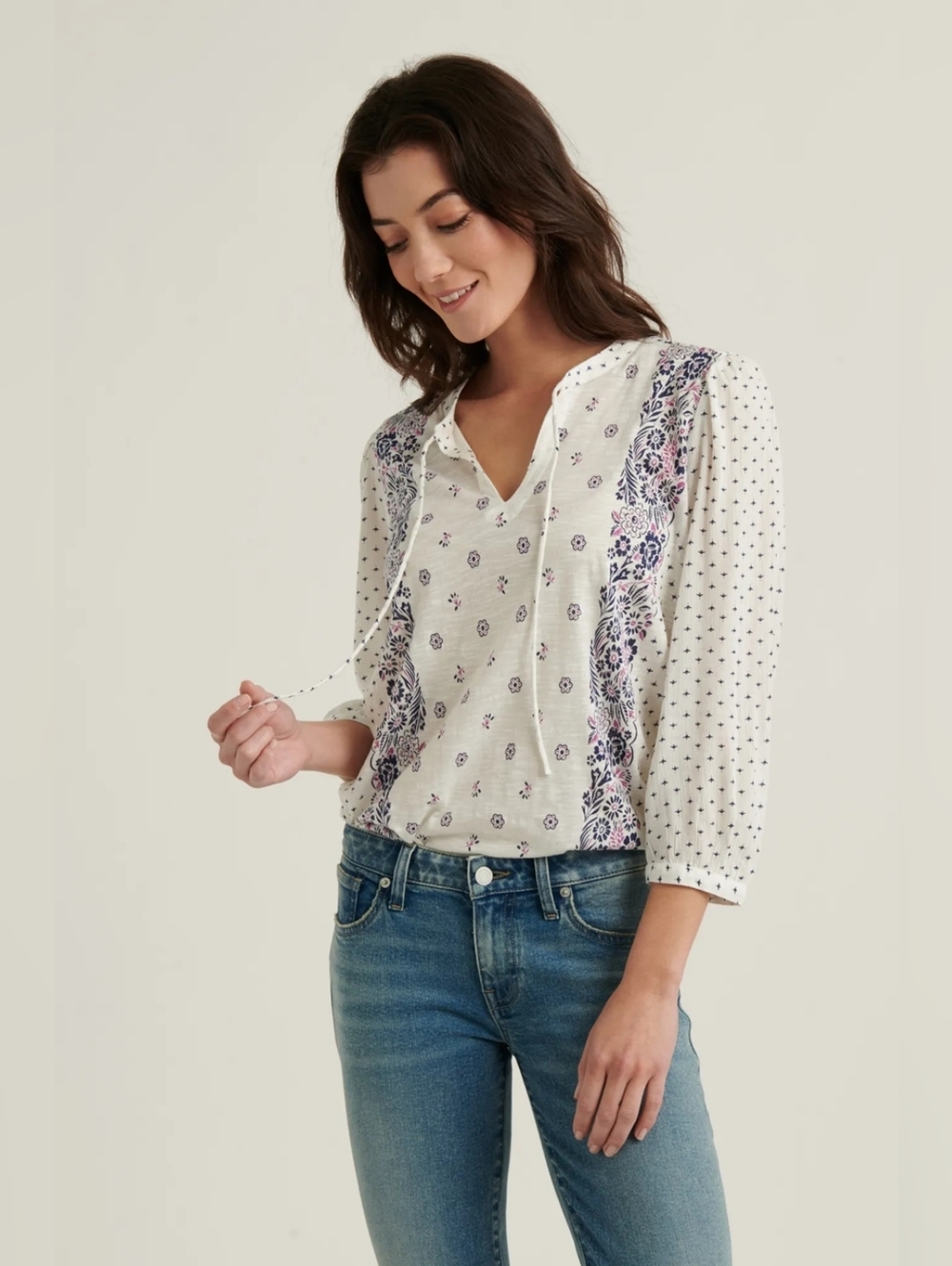 LUCKY BRAND Cream & Navy Border Mixed Print Peasant Top | SZ S/P